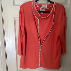 Christopher & Banks Coral zip front Cardigan set with White Trim. Size Large.
